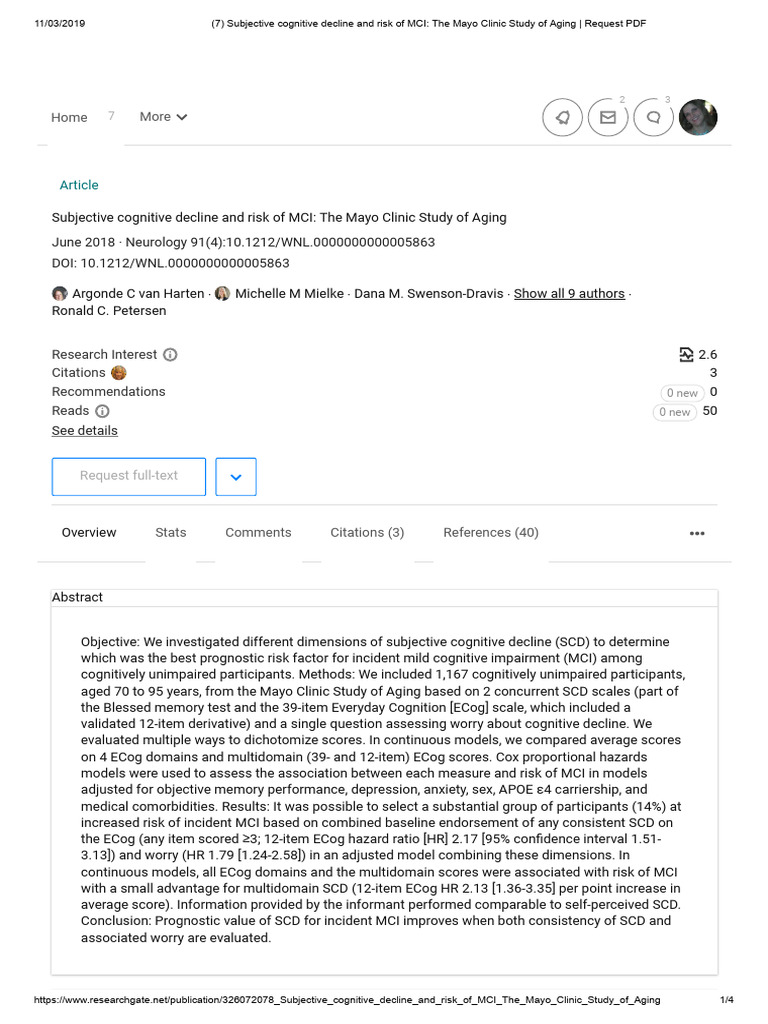 Subjective Cognitive Decline and Risk of MCI - The Mayo Clinic Study of ...