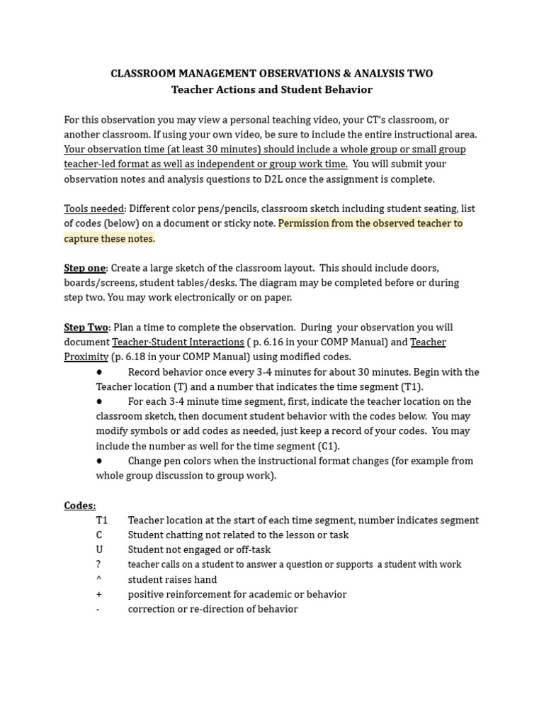 Classroom Observation Pdf Classroom Teachers