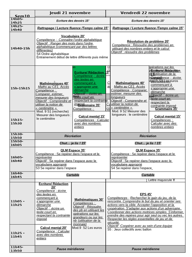 Emploi du temps CE1 - Semaine 10 | PDF | Communication humaine | Écriture