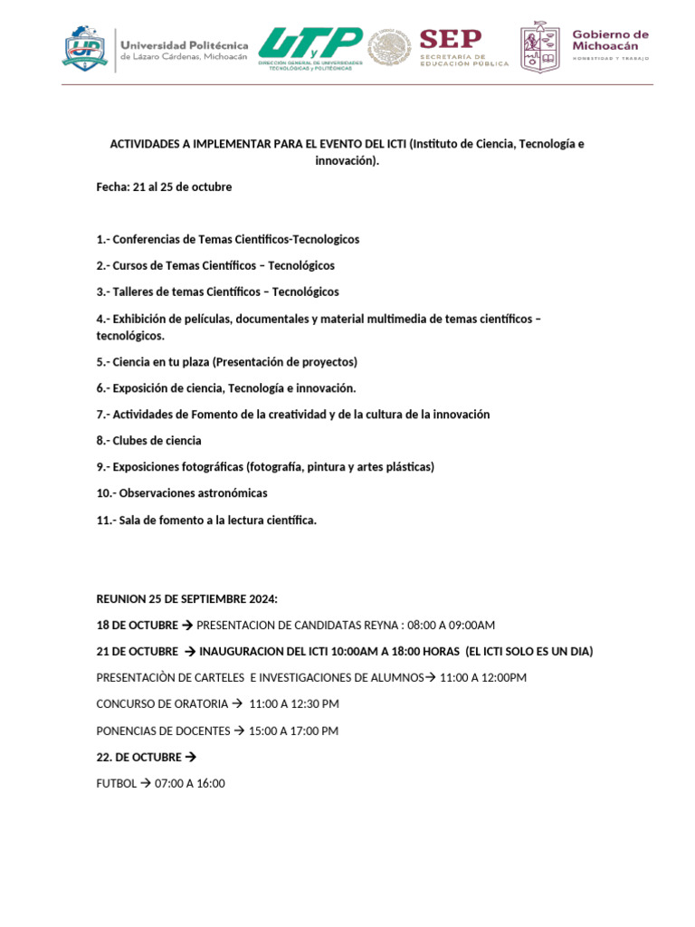 Actividades A Implementar para El Evento Del Icti | PDF