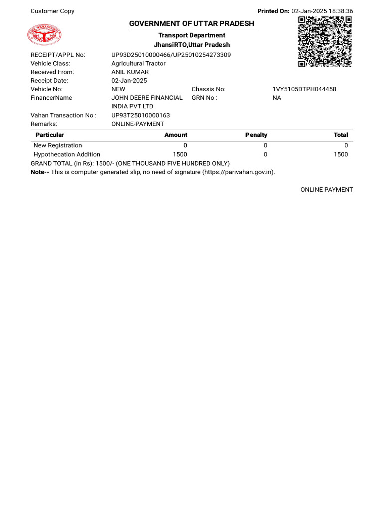 Tractor Registration Receipt | PDF