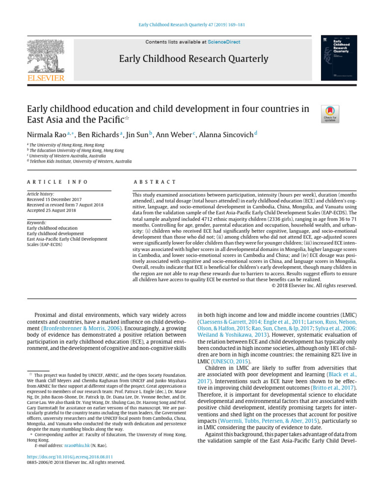 Early Childhood Education and Child Development in Four Countries in ...