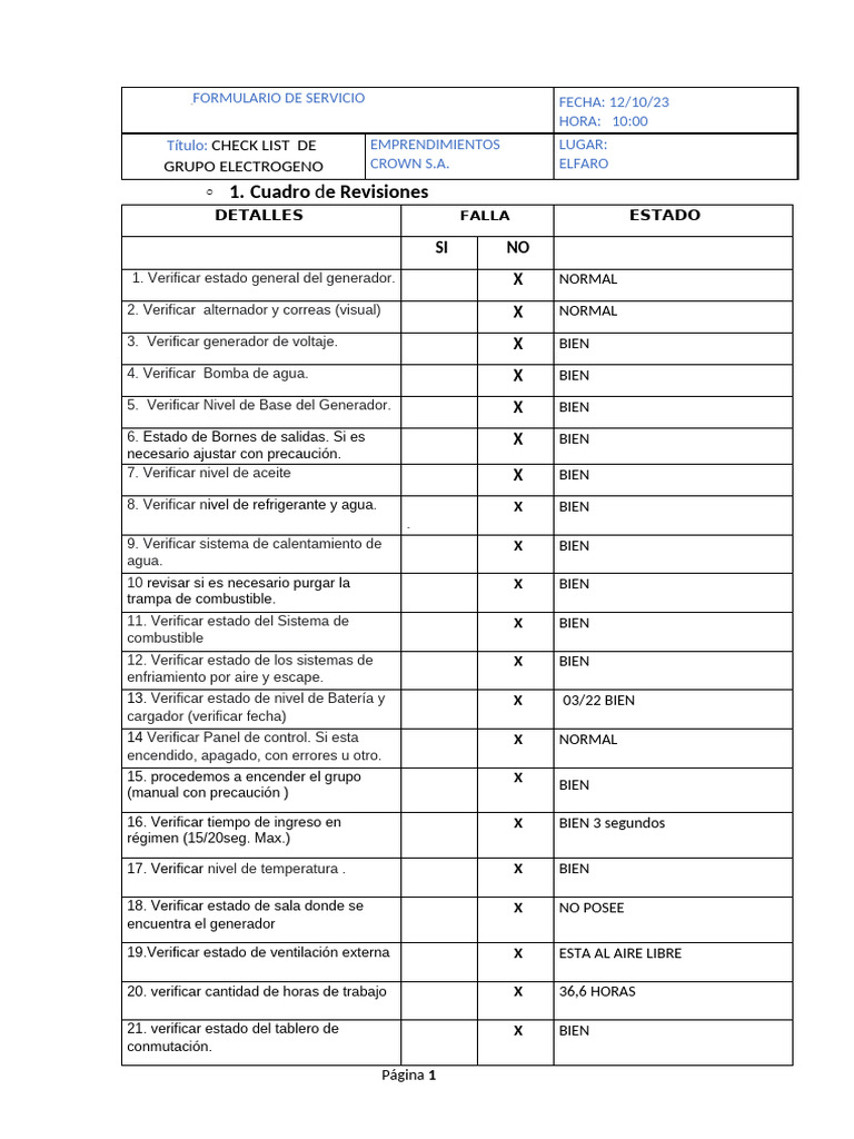 Checklist de Mantenimiento Generador | PDF