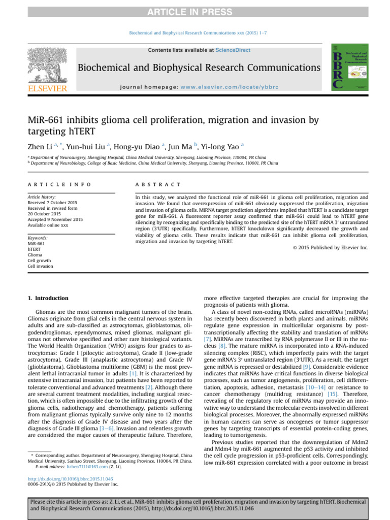 Liu Et Al. - MiR-661 Inhibits Glioma Cell Proliferation, Migration and ...