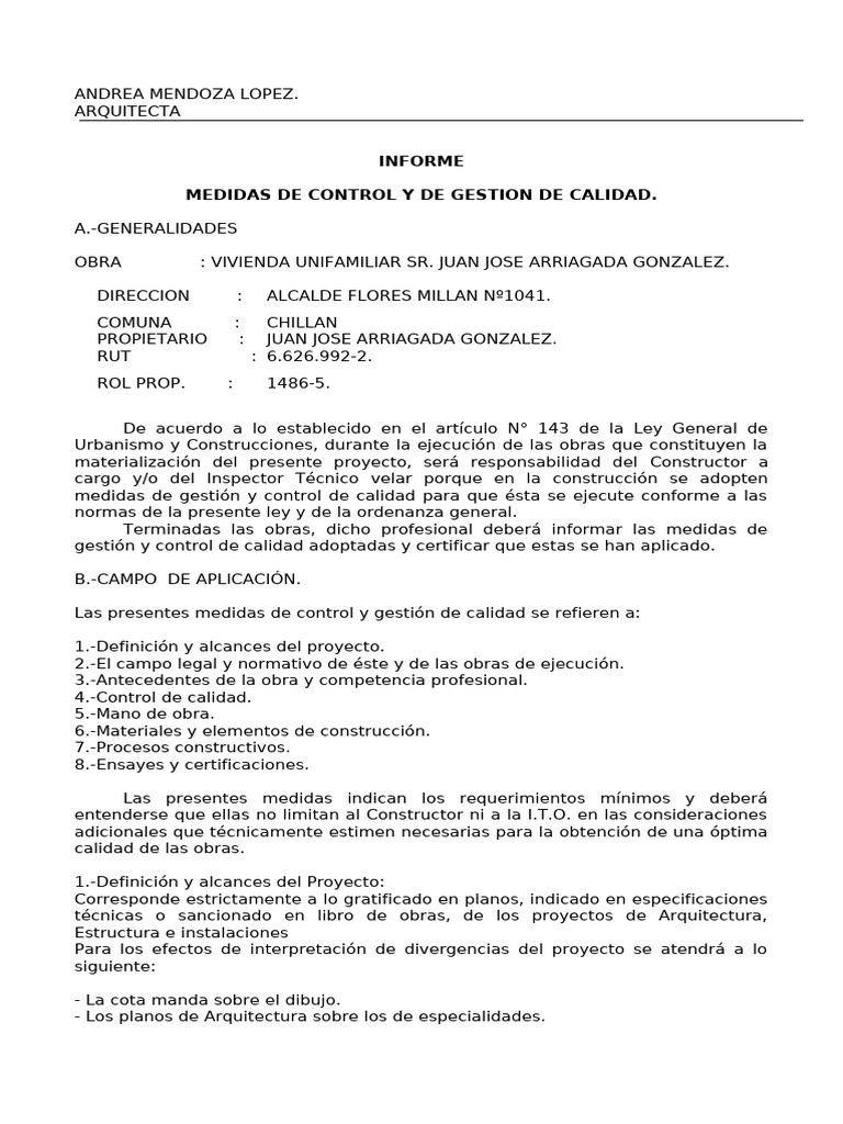 07 Informe Medidas de control y gestion de calidad | PDF | Sistema de ...