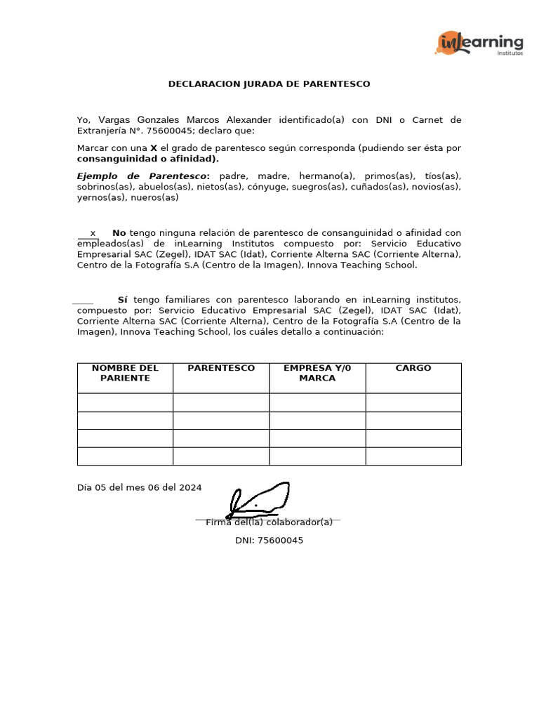 Declaración Jurada de Parentesco Laboral | PDF