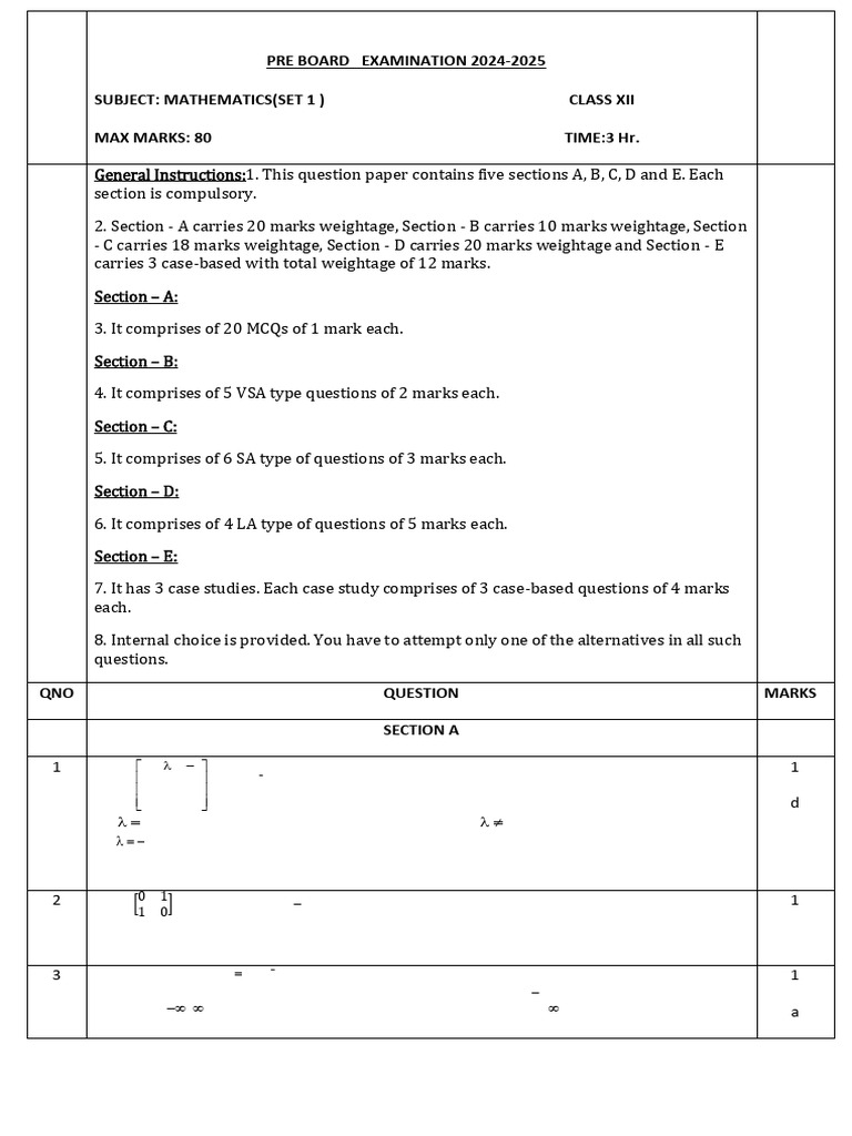 Pre Board Xii Set 1 Maths 2024-25 (Ans) | PDF | Mathematical Concepts ...