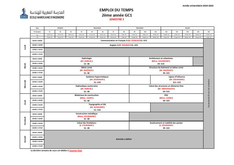 Emploi du temps S1 2GC1 2024-2025 | PDF | Génie du bâtiment | Matériaux ...