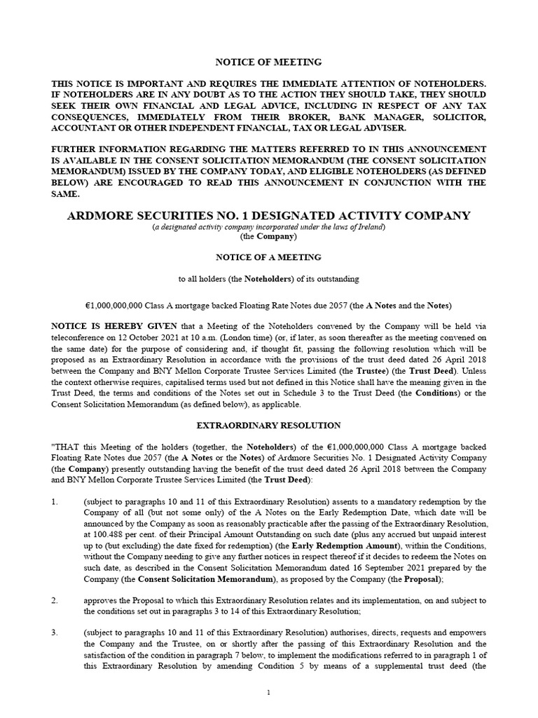 Notice of Meeting for Noteholders' Redemption | PDF | Quorum | Consent