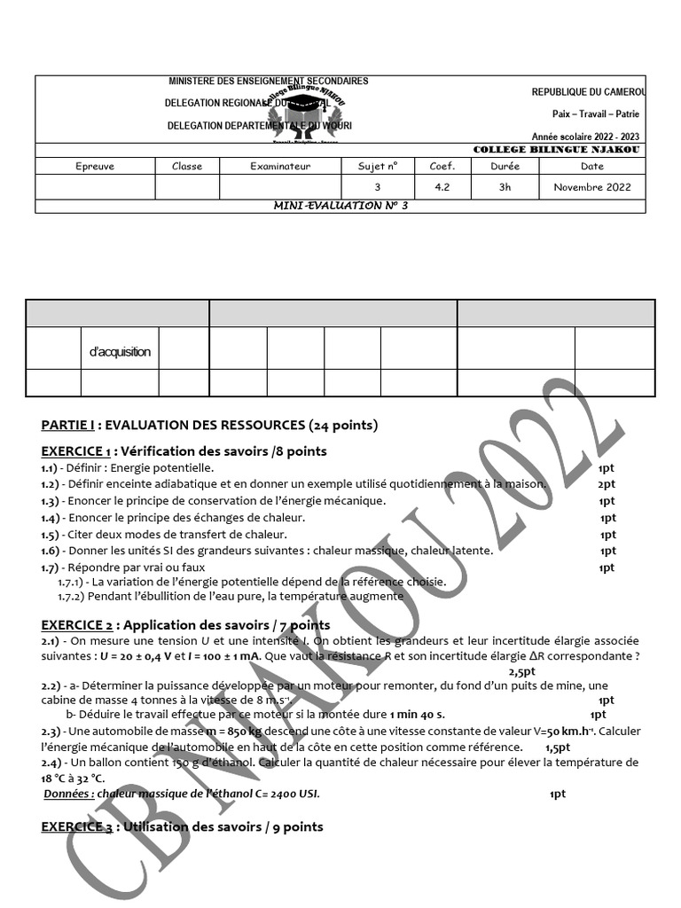 Mini-évaluation de physique 2022-2023 | PDF | Pendule (physique) | Chaleur