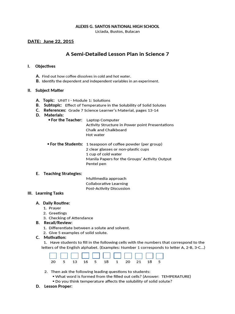Science 7 Lesson Plan: Coffee Solubility | PDF | Water | Solubility