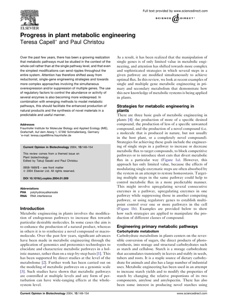 Advancements in Plant Metabolic Engineering | PDF | Metabolism ...