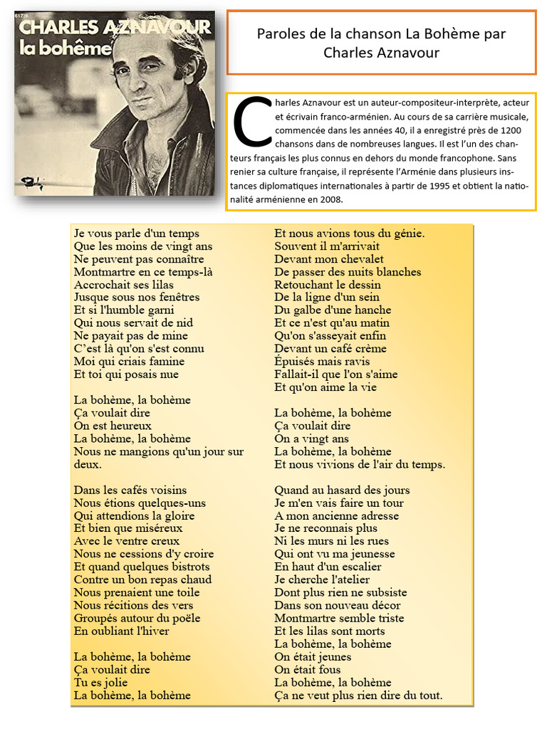 Paroles de "La Bohème" d'Aznavour PDF