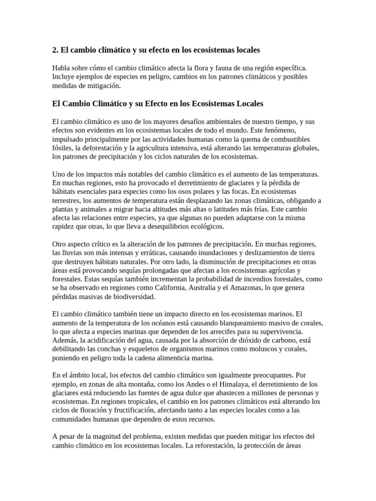 El Cambio Climático y Su Efecto en Los Ecosistemas Locales | PDF ...