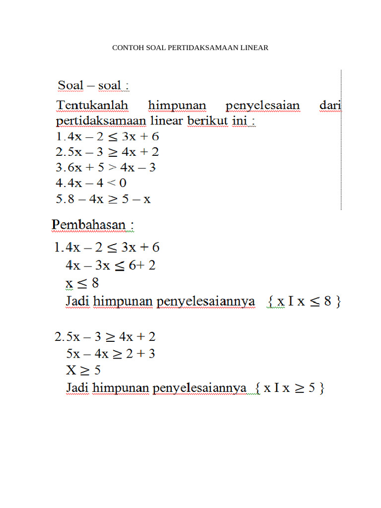 Contoh Soal Pertidaksamaan Linear PDF