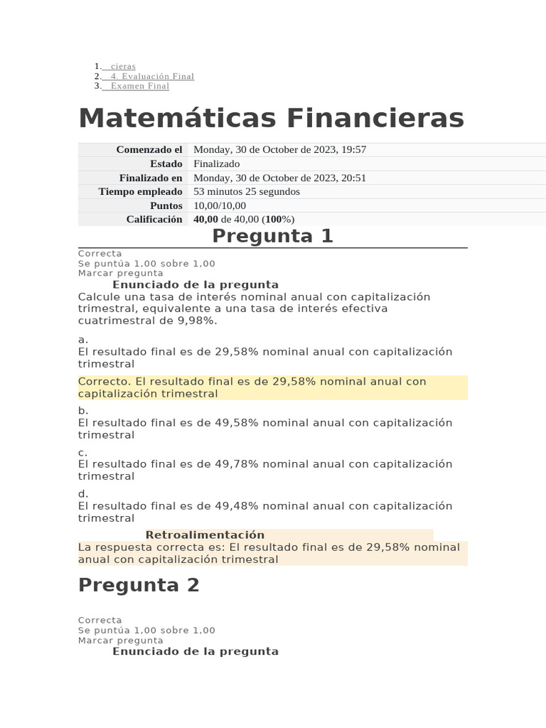 Examen Final de Matemáticas Financieras | PDF | Interés | Finanzas y dinero