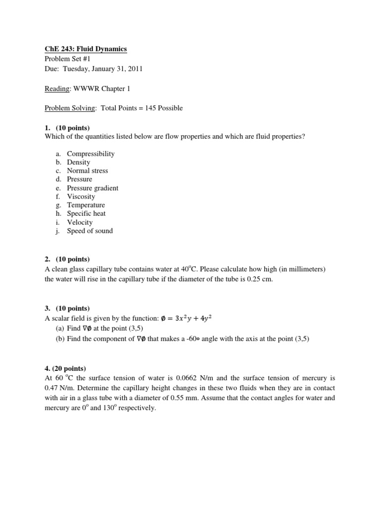 Fluid Dynamics Problem Set 1 | PDF | Teaching Methods & Materials