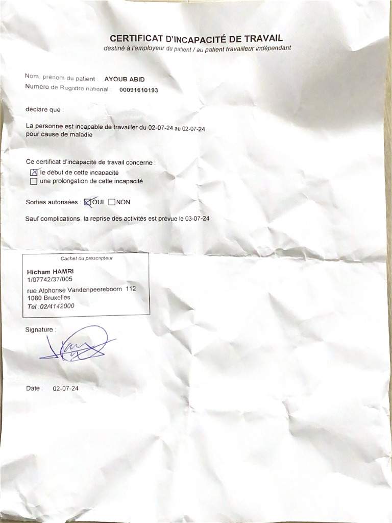 Certificat d'Incapacité de Travail | PDF