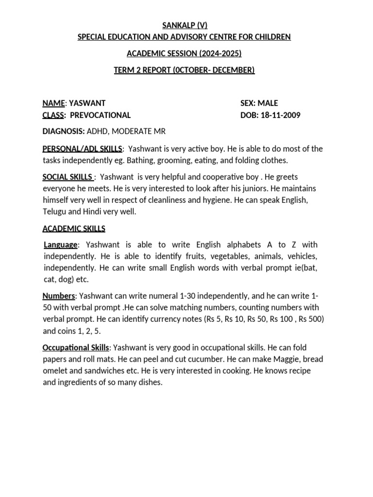 Yashwant's Term 2 Special Education Report | PDF | Foods