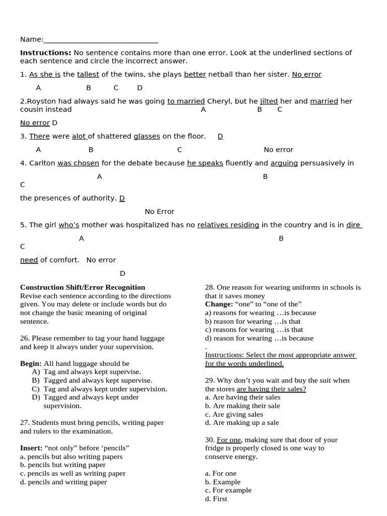 Error Recognition and Sentence Revision Guide | PDF