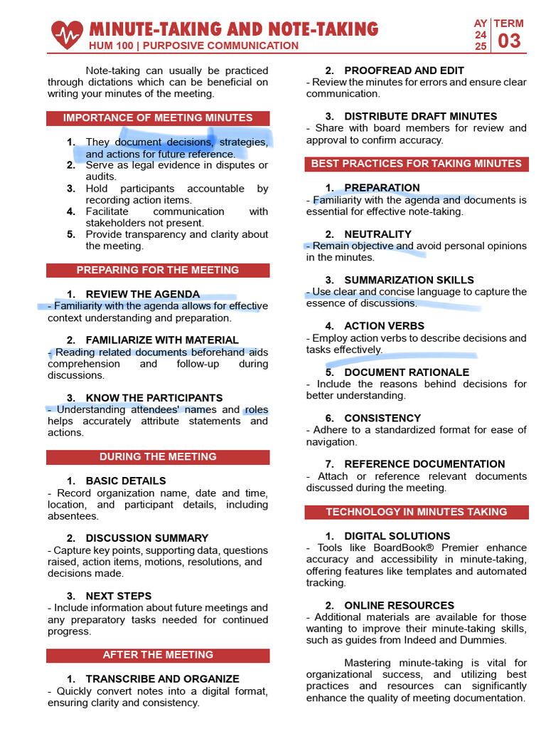 Hum T3 L1 Minute Taking and Note Taking | PDF | Reading Comprehension ...