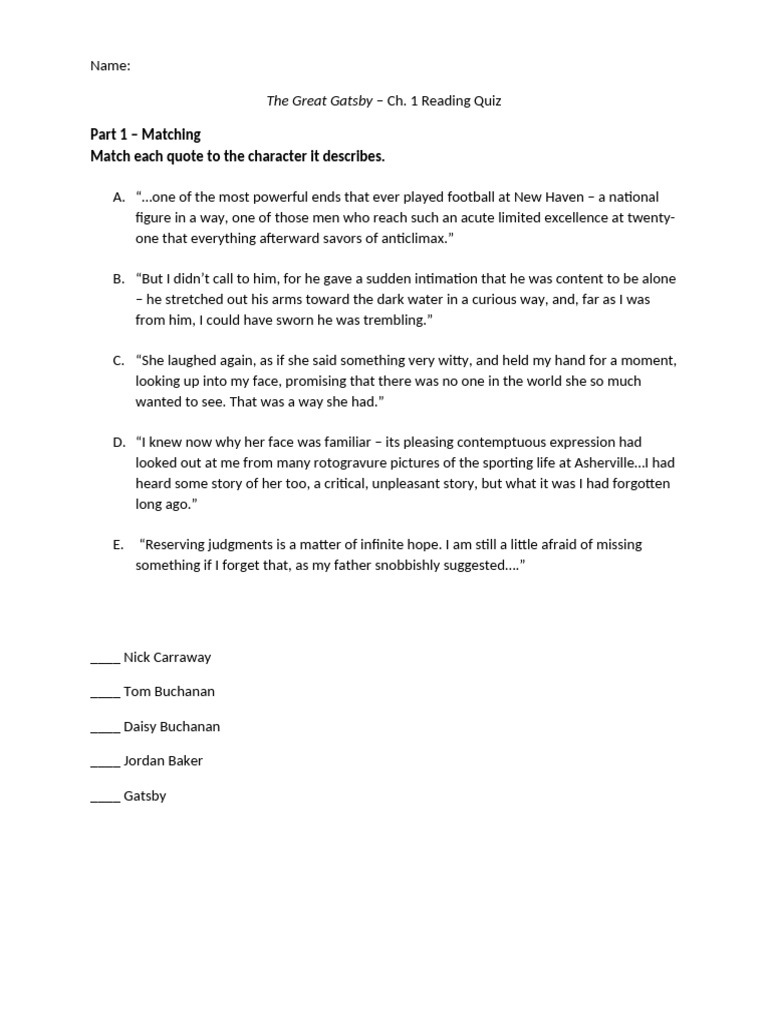 Great Gatsby Chapter 1 Quiz | PDF | The Great Gatsby
