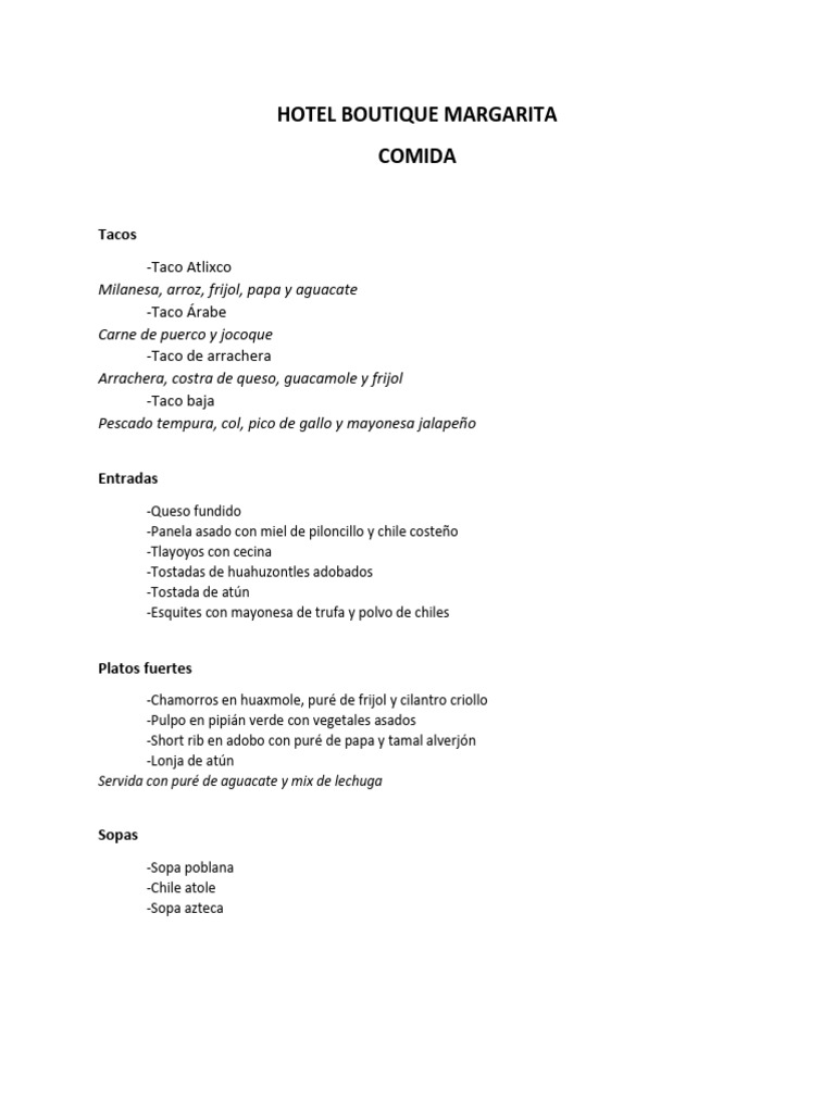 Menú Gourmet de Hotel Boutique Margarita | PDF