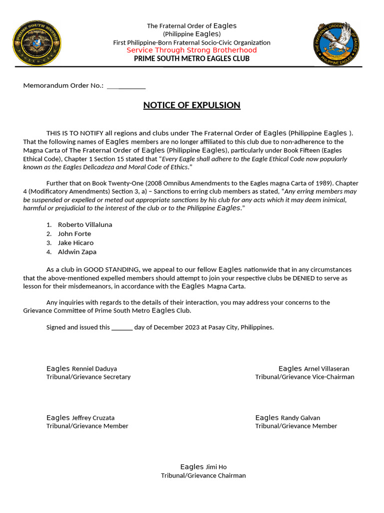 Notice of Expulsion from Eagles Club | PDF | Justice | Crime & Violence