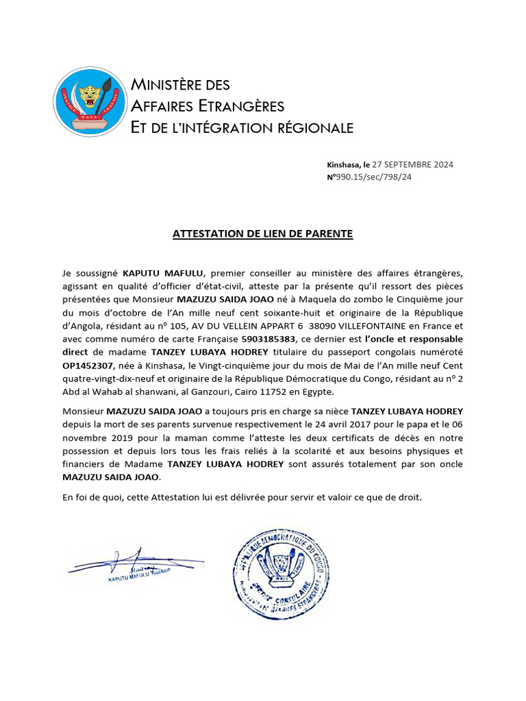 Attestation De Lien De Parente Pdf