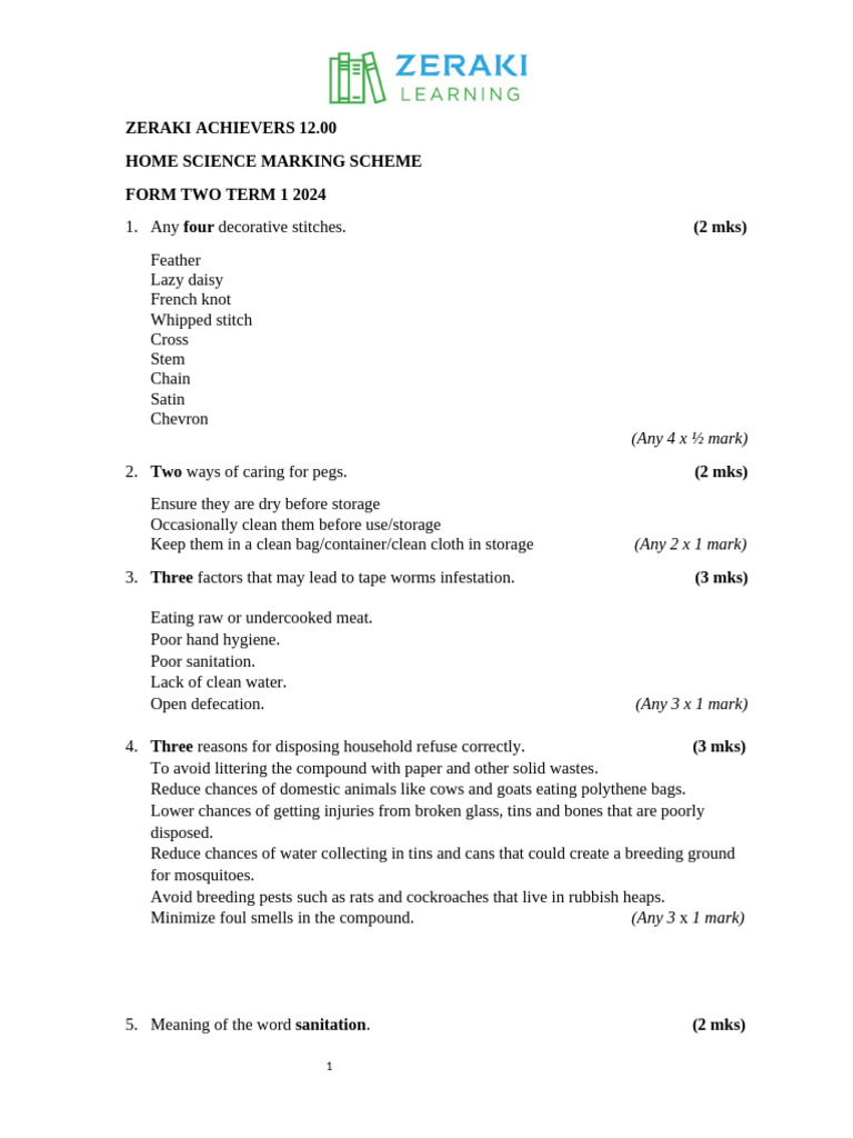 Home Science Marking Scheme 2024 | PDF | Hygiene | Drinking Water