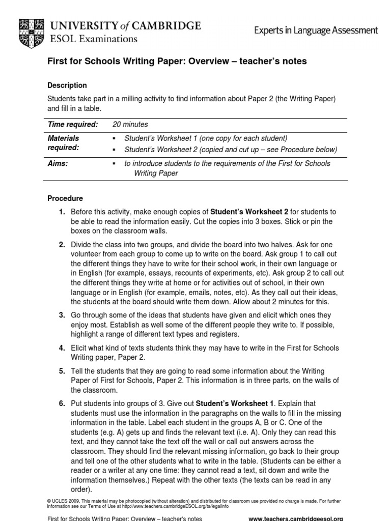 Fce For Schools Writing Overview | PDF | Essays | Educational Assessment