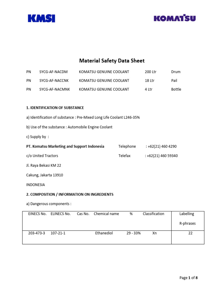 MSDS Komatsu Coolant KMSI | PDF