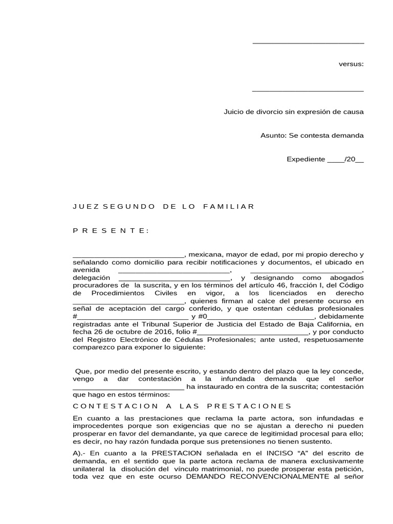 Contestación a Demanda de Divorcio | PDF | Divorcio | Pensión alimenticia