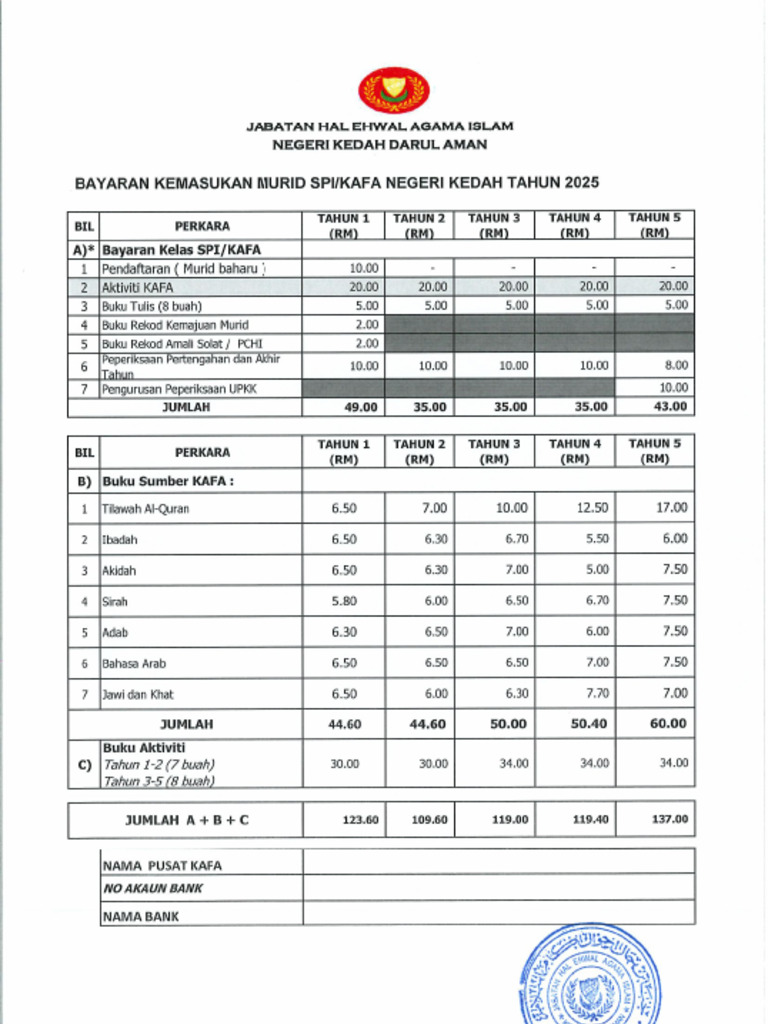bayaran kemasukan kafa 2025 | PDF