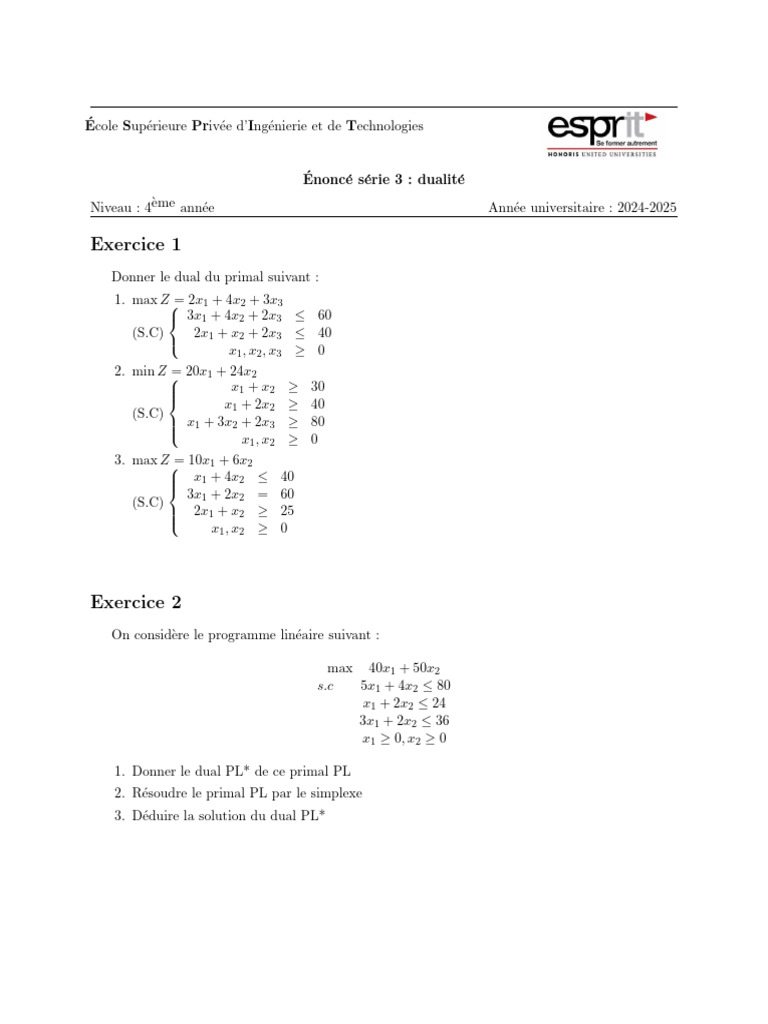 Exercices de dualité en programmation linéaire | PDF | Optimisation ...