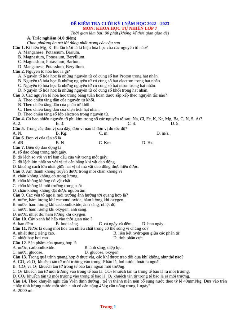 ĐỀ THI KHTN HK 1 LỚP 7 | PDF