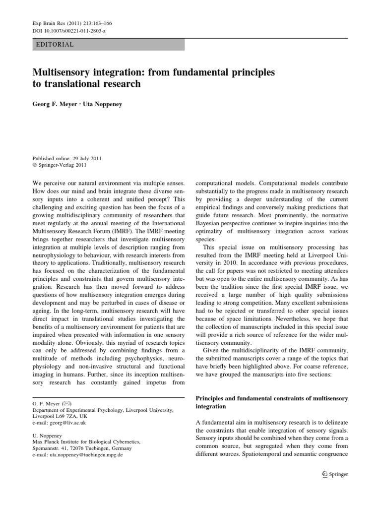 Multi Sensory Integration Pdf Somatosensory System Functional