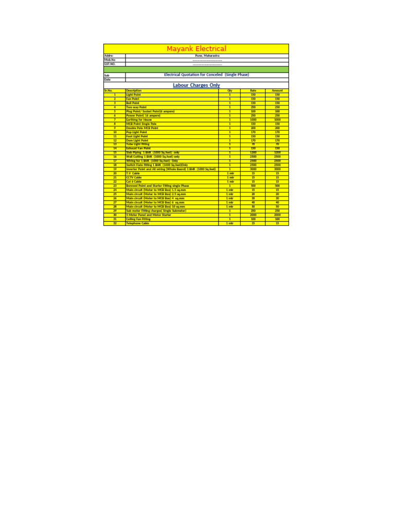 Electrical Labour Quotation for Wiring | PDF | Electrical Wiring ...