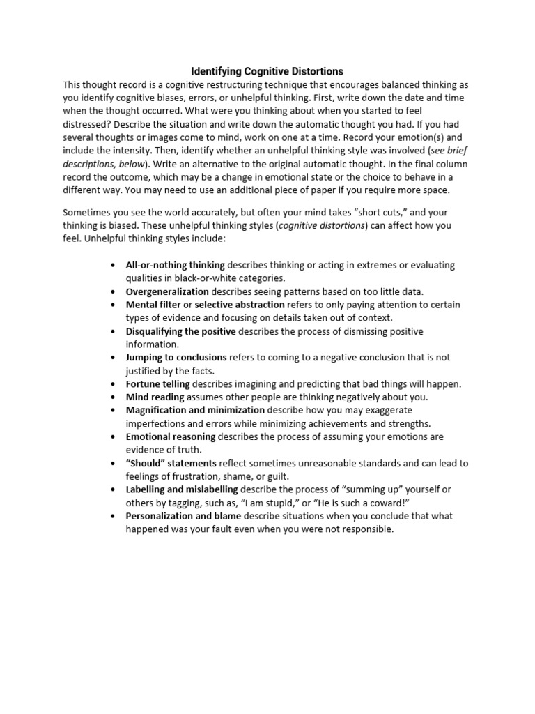 Recognizing Cognitive Distortions Guide | PDF | Thought | Psychology