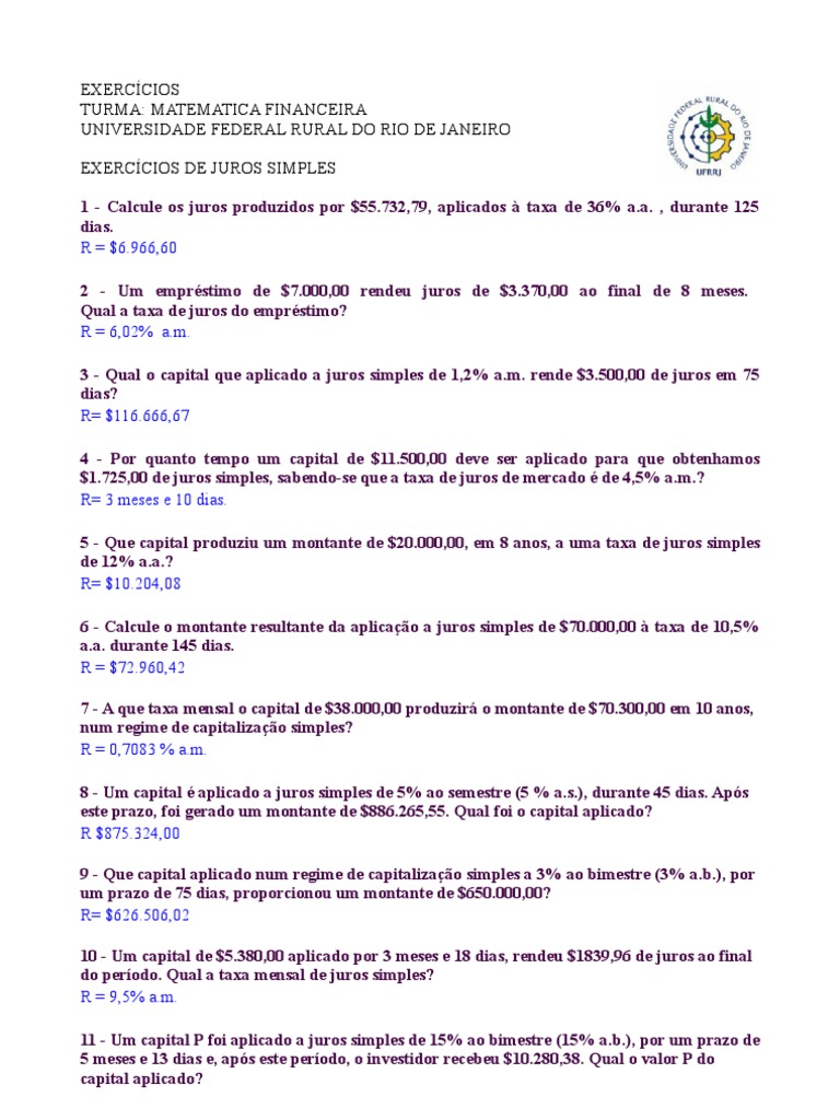 Exercicios Turma Ih130 Juros Simples 1 1 | PDF | Juros | Dinheiro