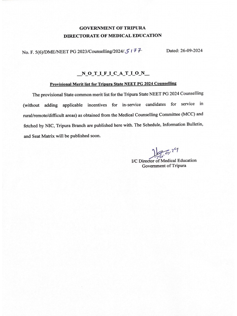 Tripura NEET PG Merit List 2024 | PDF | Educational Stages | Tests