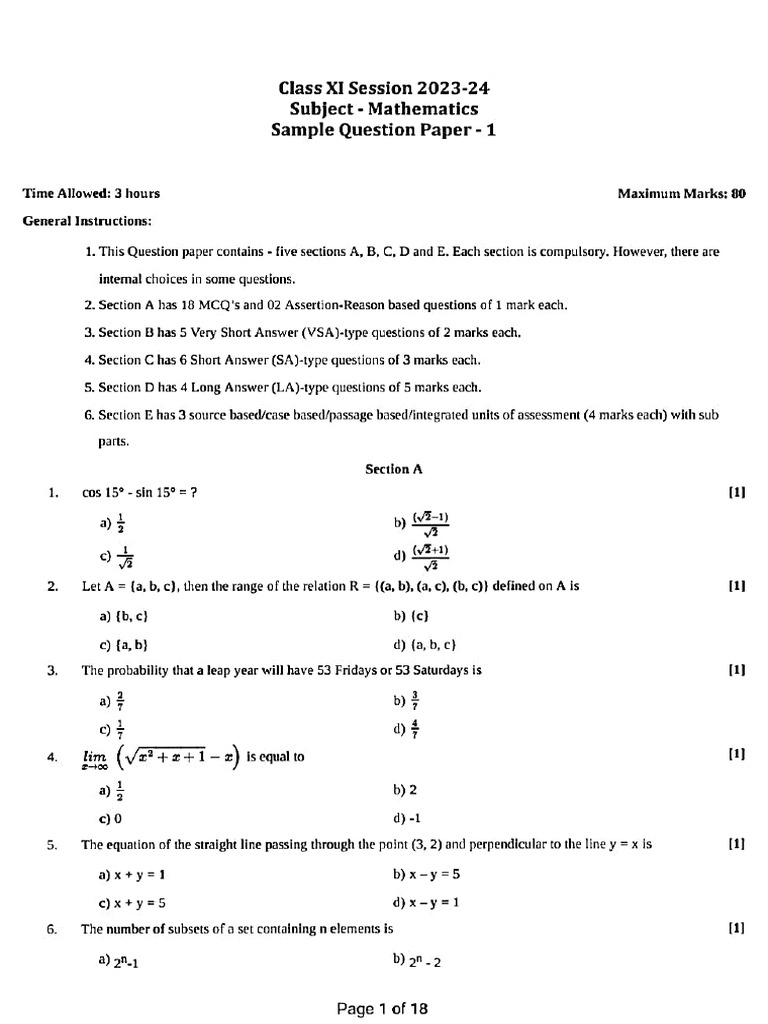Class XI Mathematics Sample Paper 2023 | PDF | Variance | Perpendicular
