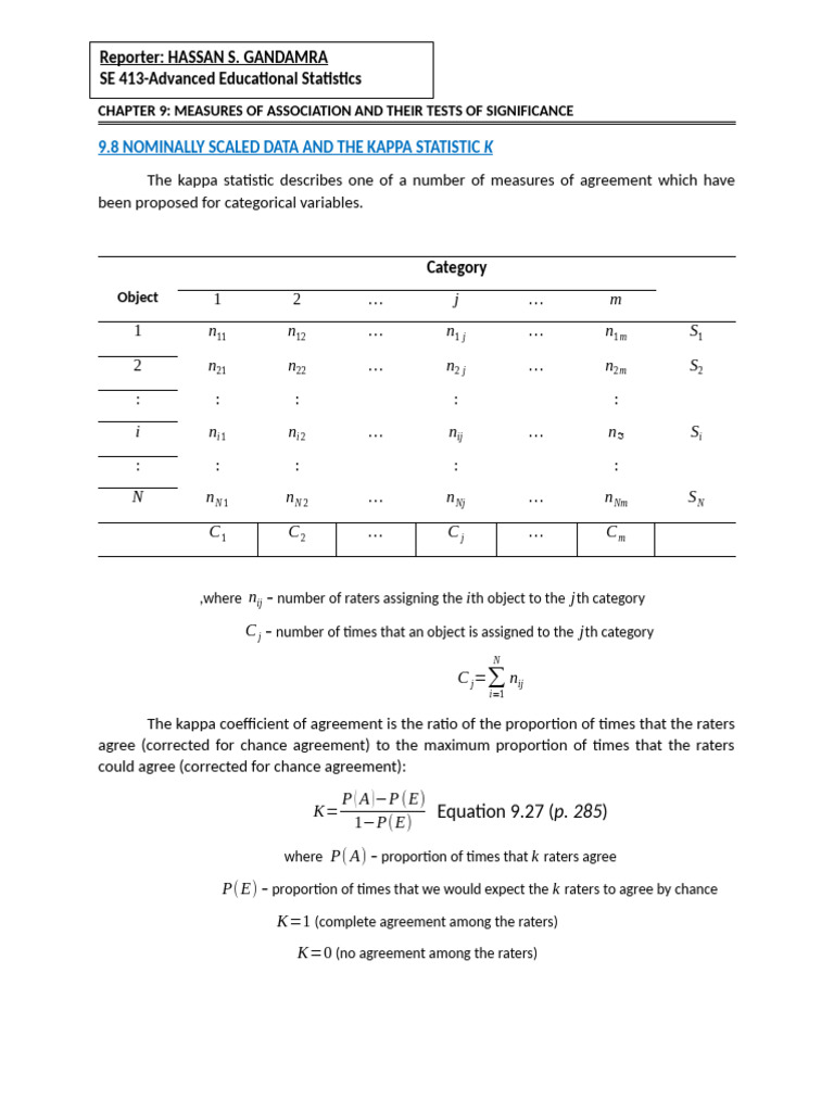 Kappa Statistic for Nominal Data Analysis | PDF | Statistical Analysis ...
