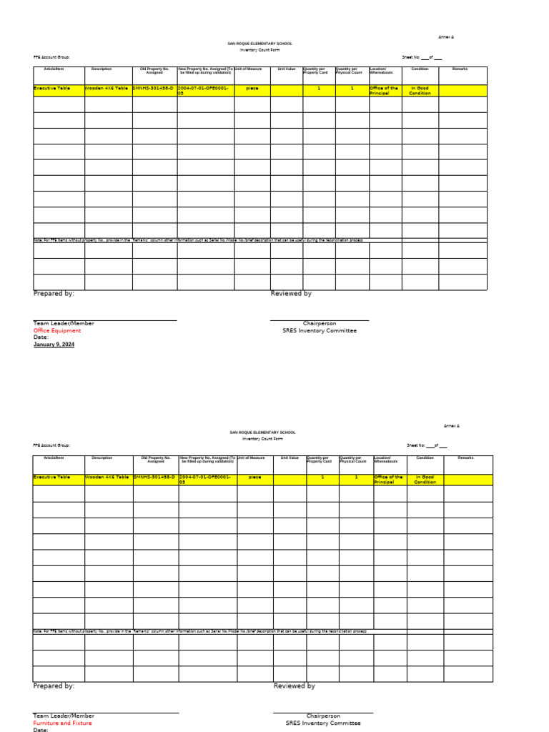 San Roque Elementary School Inventory Form | PDF | Inventory