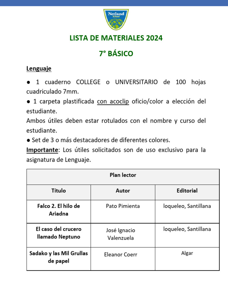 Lista de Materiales 7° Básicos 2024 | PDF | Lápiz