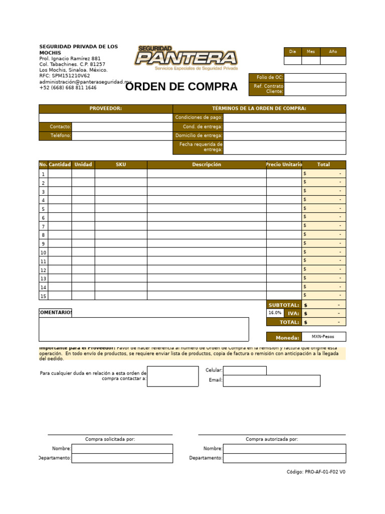 PRO-AF-01-F02 V0 - Orden de Compra | PDF | Industrias de servicio