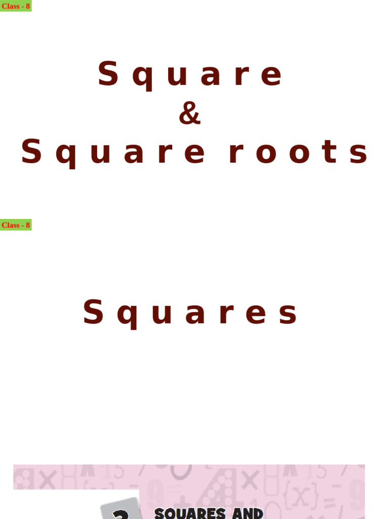 Square and Square Roots for Class 8 | PDF | Combinatorics | Algebra