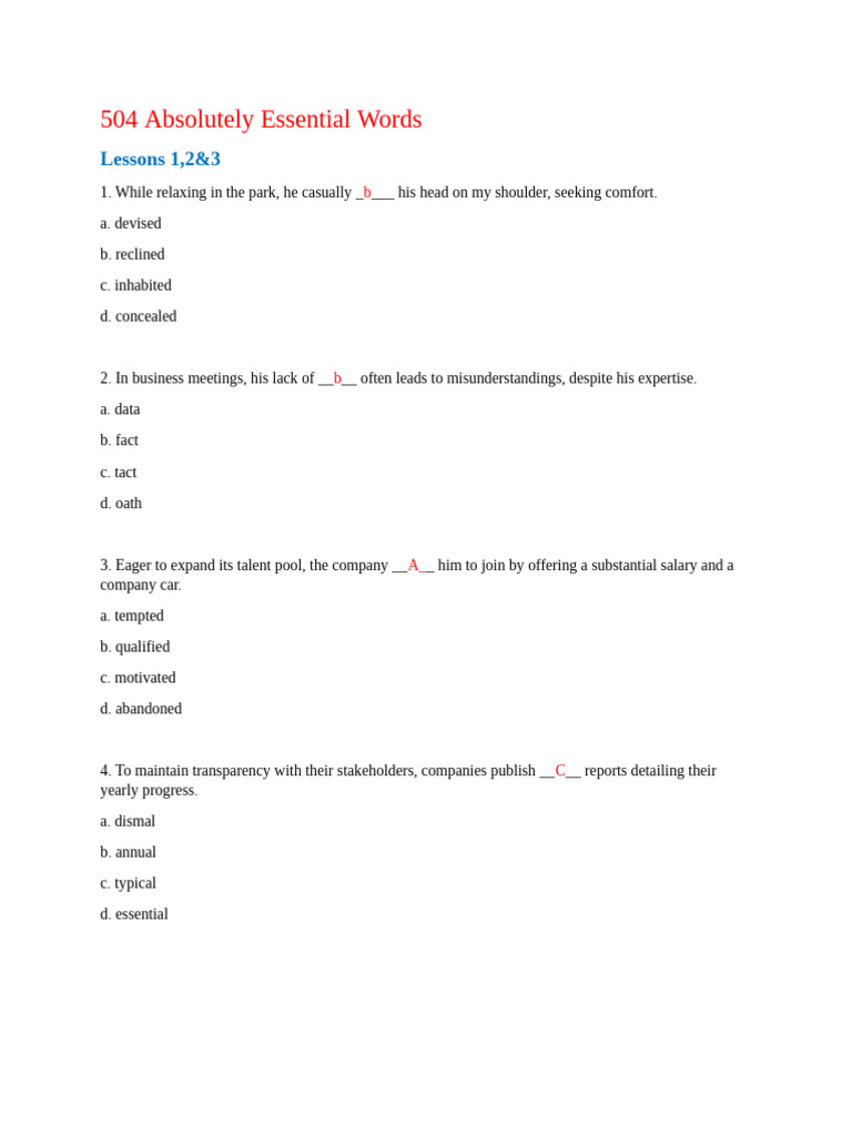 Essential Vocabulary for English Exercises | PDF