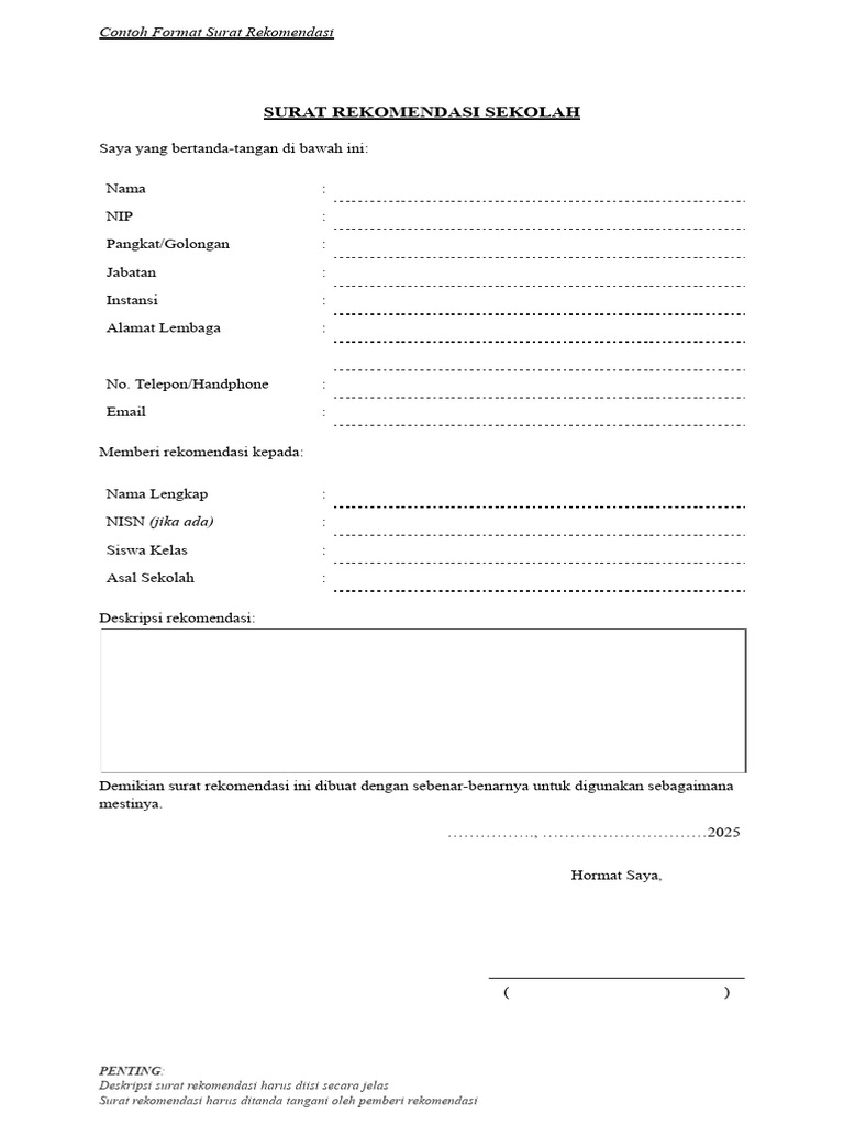 Contoh Format Surat Rekomendasi Sekolah | PDF