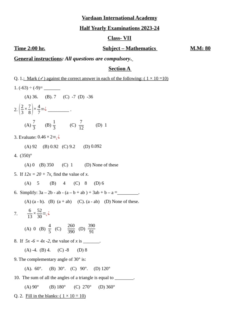 Half Yearly Exam 2023 Maths Class 7 | PDF | Triangle | Euclid